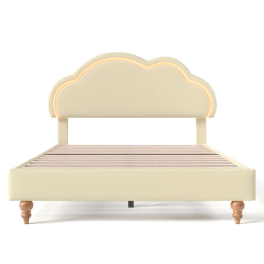 LED-lit Cream PU Double Bed, Upholstered Frame, Adjustable Cloud Headboard, Youth BedroomGuest Room Bed