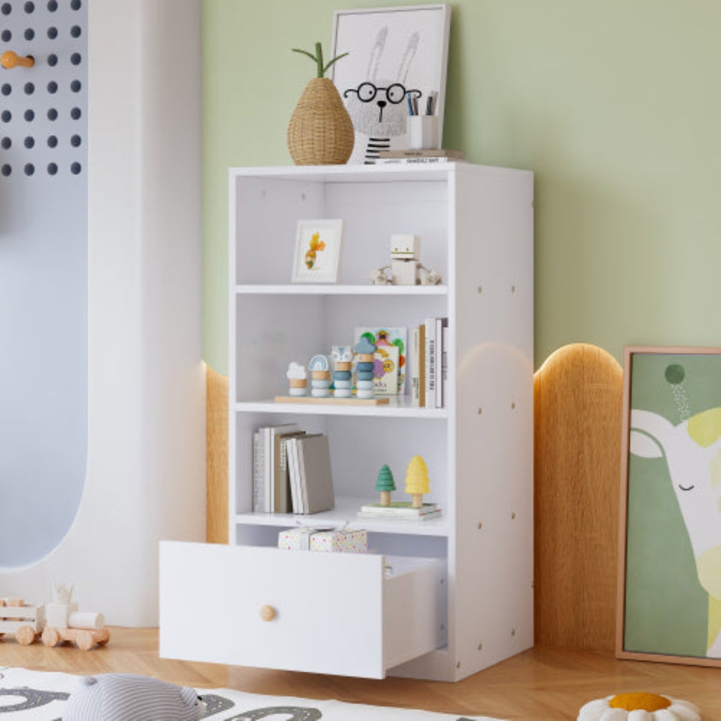 White MDF Bookcase,3 Shelves, 1 Drawer, Silent Glides,Bedroom Living Room