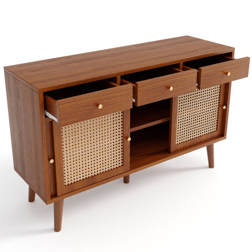 New Walnut Sideboard with 3 Drawers and 3 Rattan Sliding Doors, Gold Handles, Adjustable Shelves