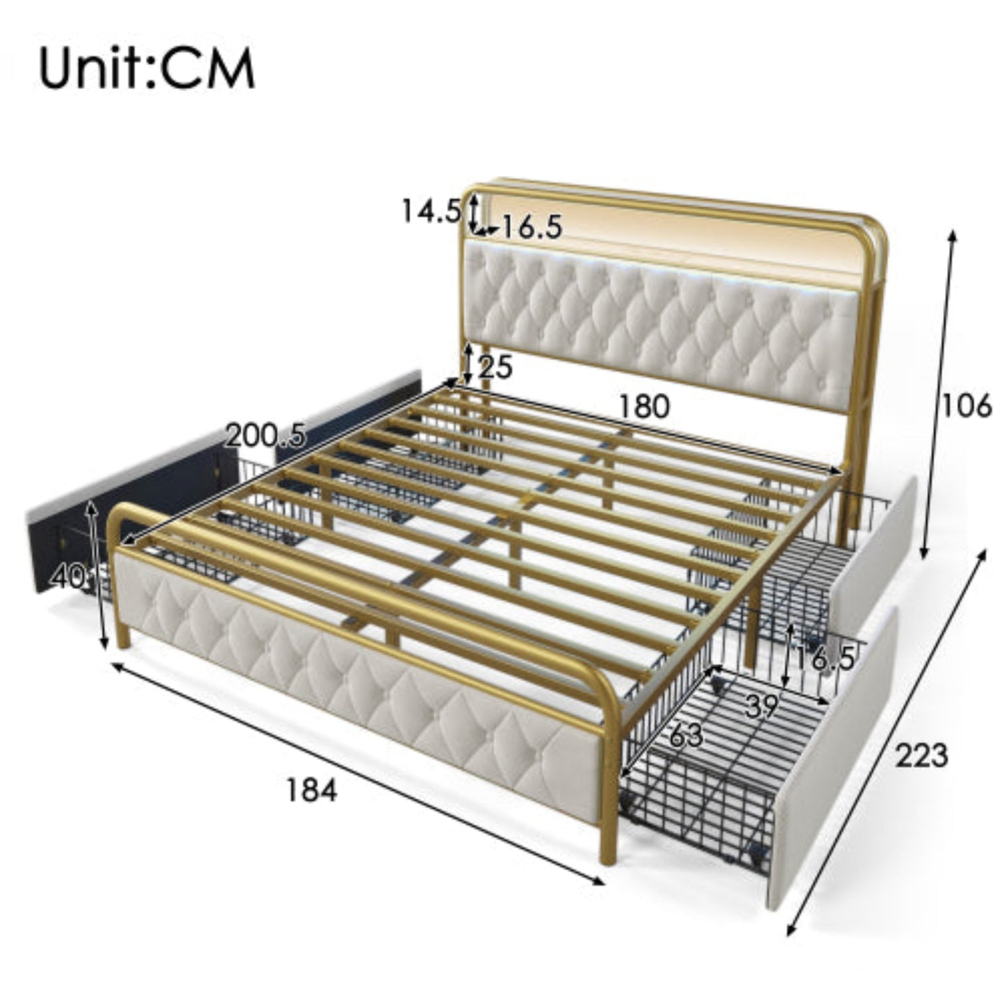 Double Upholstered Bed with USB Charging, APP-Controlled LED, Metal Frame, Velvet, 4 Drawers