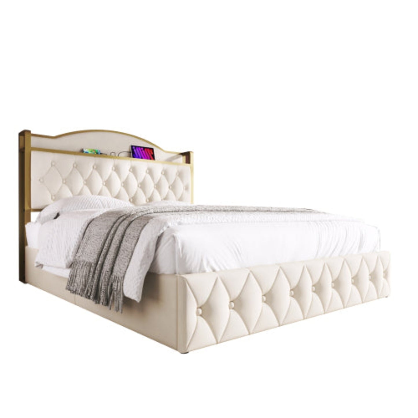 Light Beige Upholstered Double Bed-USB Type C Charging, Storage Drawers, Slatted Metal Frame