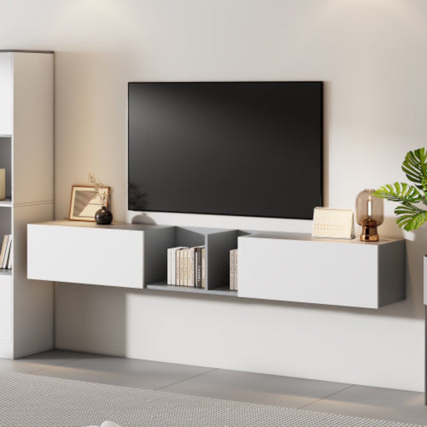 Large White TV Stand with Doors and Shelves- Perfect for 90 inches TVs, Stylish Living Room Media Console