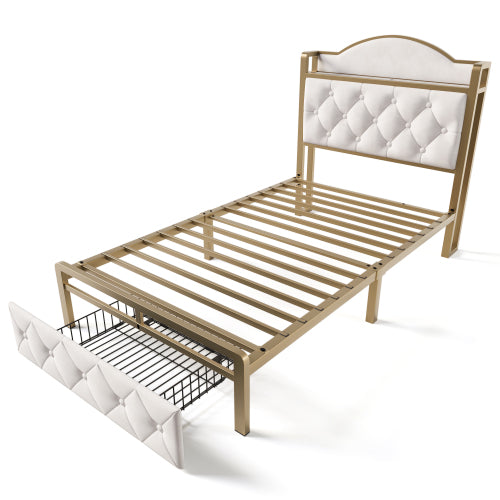 Light Beige Single Bed-USB Type C, Storage Drawers, Slatted Metal Frame -Mattress Not Included