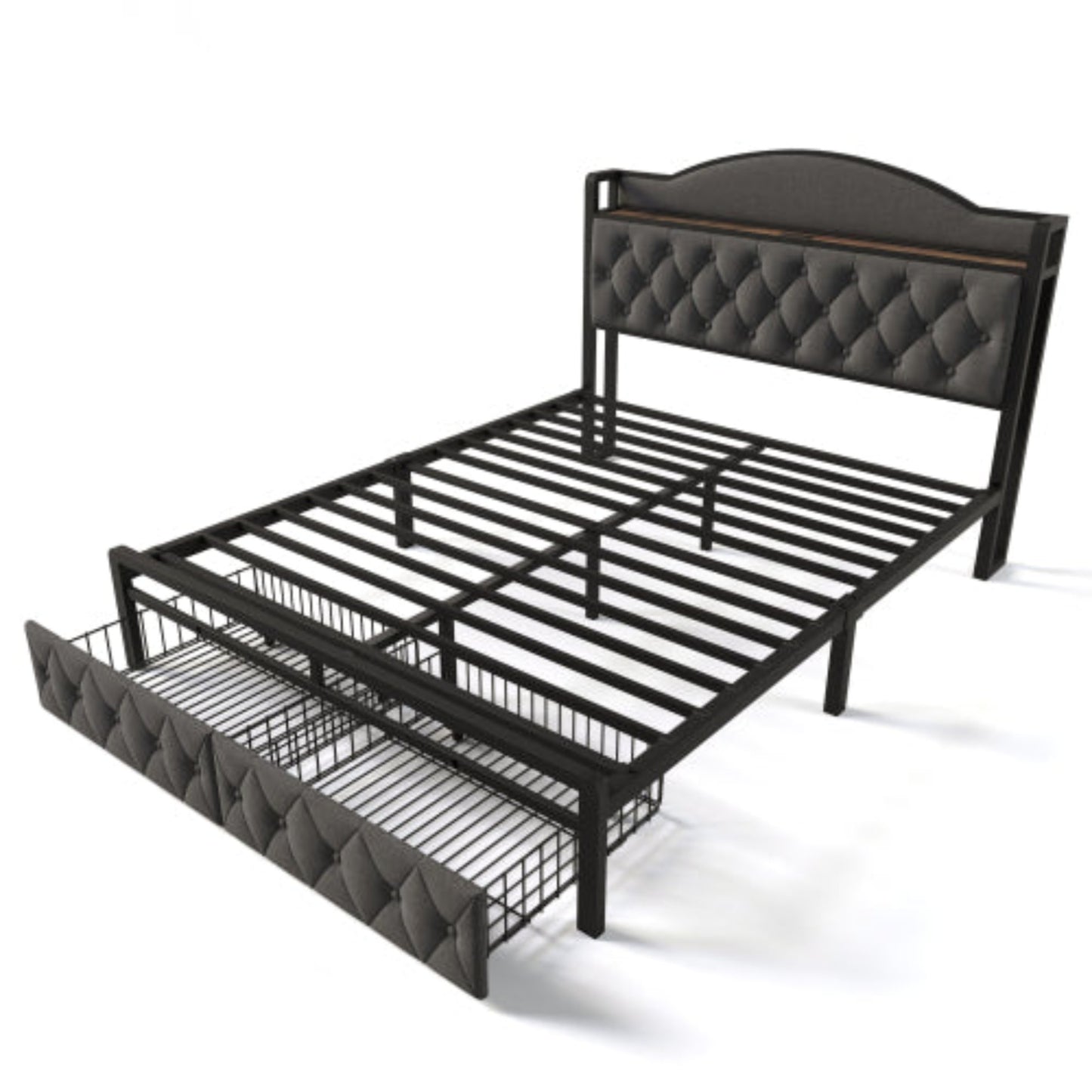 Grey Upholstered Double Bed-USB Type C Charging, Storage Drawers, Slatted Metal Frame