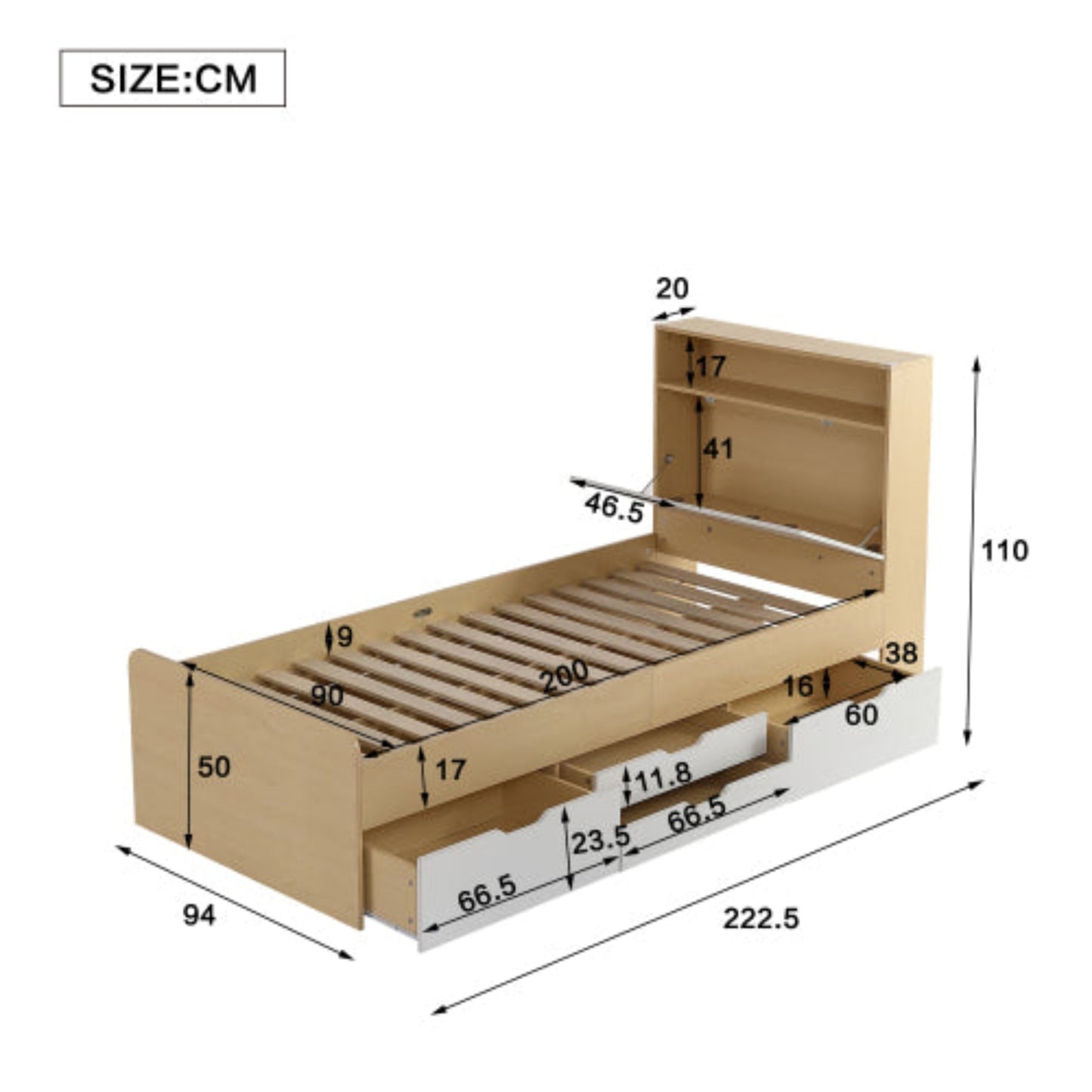 Youth Panel Bed with Flap Shelf Headboard, 4 Drawers, and Shock Protection - White Light Oak