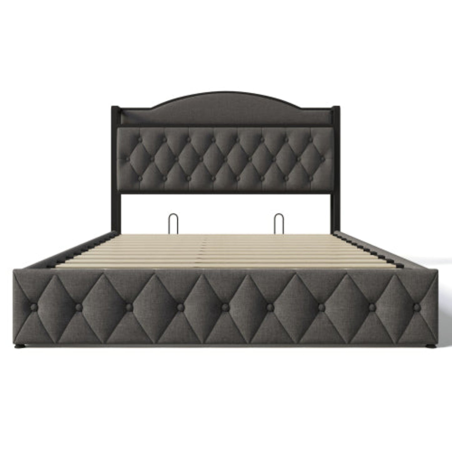 Grey Upholstered Double Bed with USB Charging, Storage, Slatted Metal Frame -Mattress Not Included