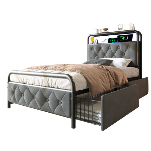 Luxury Velvet Single Bed-USB Type C Charging, APP-Controlled LED, Metal Frame, 2 Drawers