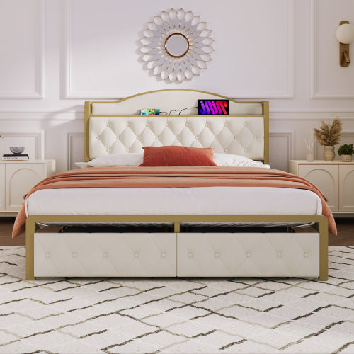 Light Beige Storage Double Bed-USB Type C Charging, Slatted Metal Frame