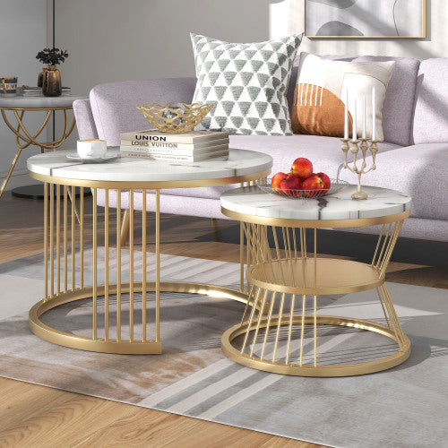 Modern Nesting Coffee Tables-Marble Veneer, Golden Frame, Versatile Side Tables-Set of 2