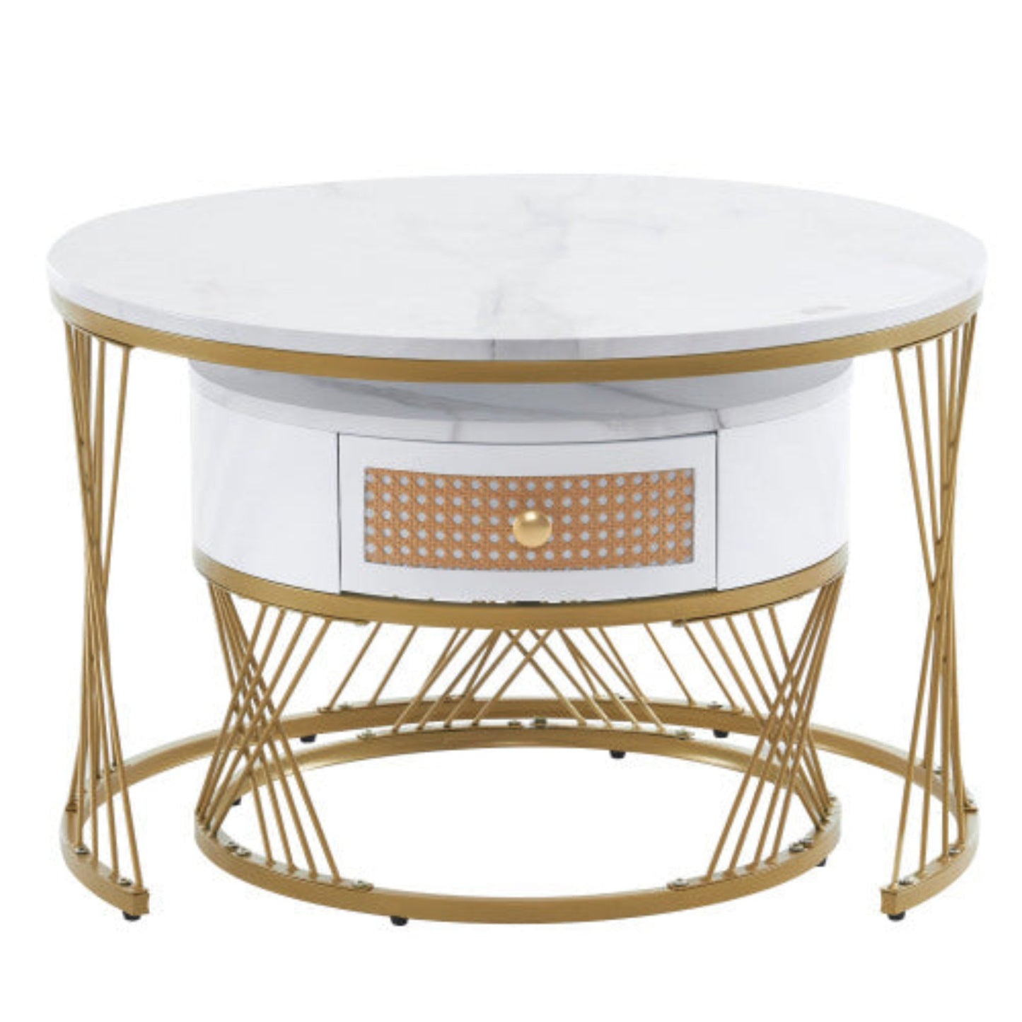 Elegant 2-Piece White Coffee Table Set- Marble Texture, Plastic Rattan Drawers, Gold Accents