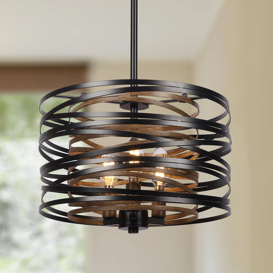(Y)12.6 Inch (Approx. 31.6 cm) Dining Room Farmhouse Pendant Light, 3 Light Industrial Metal Pendant Light Fixture, Rustic Drum Pendant for Entryway Kitchen Foyer Bedroom, Black with Vintage Wood Grain Interior