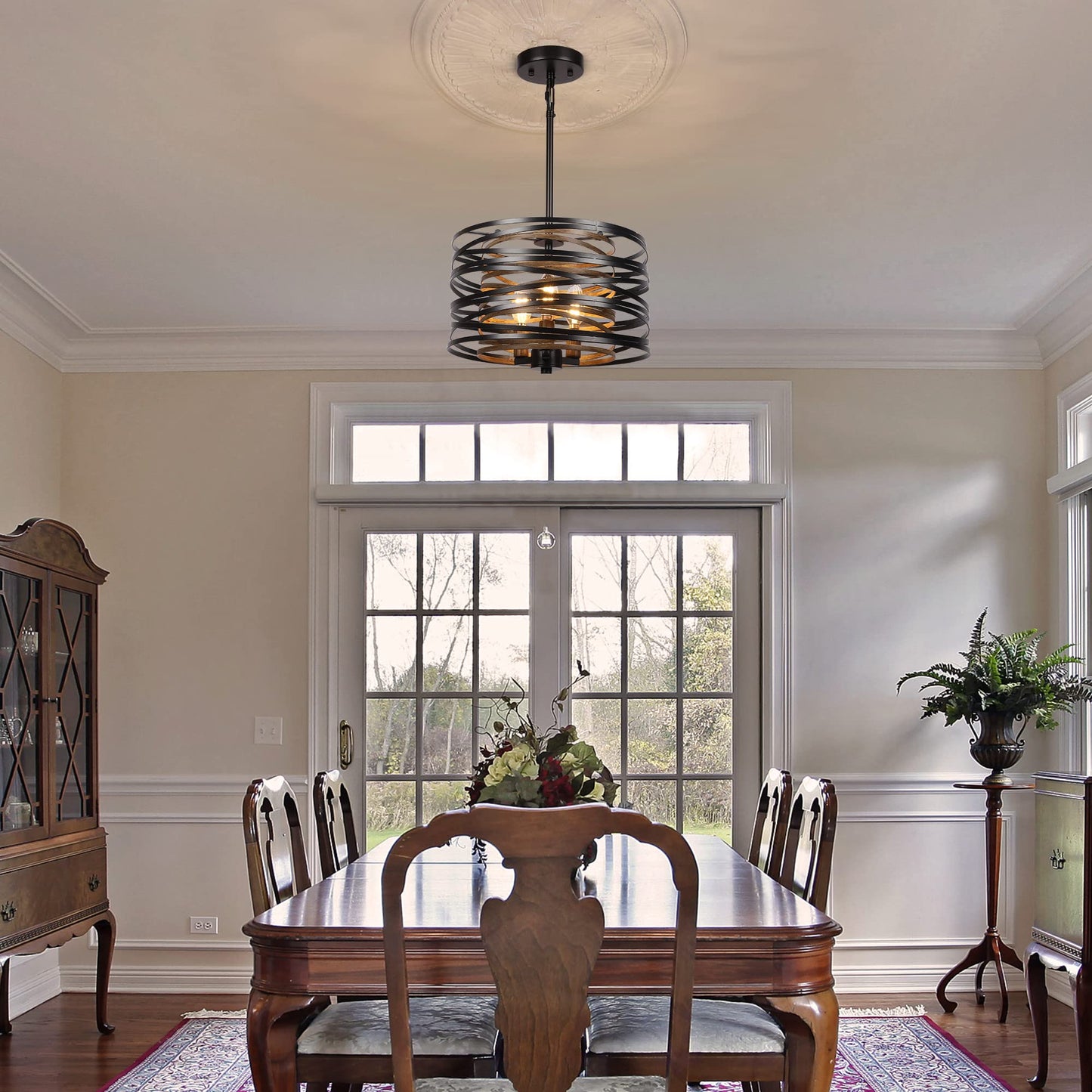 (Y)12.6 Inch (Approx. 31.6 cm) Dining Room Farmhouse Pendant Light, 3 Light Industrial Metal Pendant Light Fixture, Rustic Drum Pendant for Entryway Kitchen Foyer Bedroom, Black with Vintage Wood Grain Interior