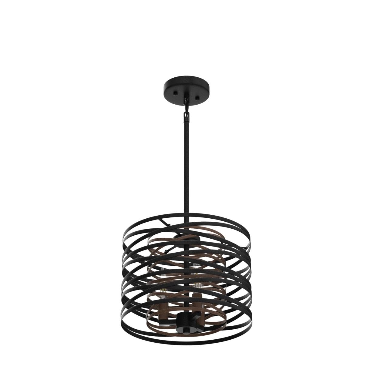 (Y)12.6 Inch (Approx. 31.6 cm) Dining Room Farmhouse Pendant Light, 3 Light Industrial Metal Pendant Light Fixture, Rustic Drum Pendant for Entryway Kitchen Foyer Bedroom, Black with Vintage Wood Grain Interior