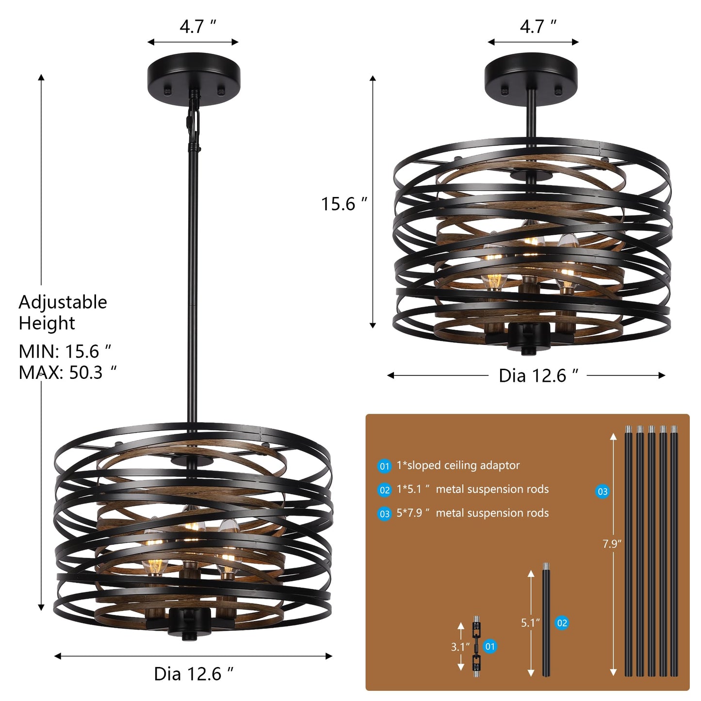 (Y)12.6 Inch (Approx. 31.6 cm) Dining Room Farmhouse Pendant Light, 3 Light Industrial Metal Pendant Light Fixture, Rustic Drum Pendant for Entryway Kitchen Foyer Bedroom, Black with Vintage Wood Grain Interior