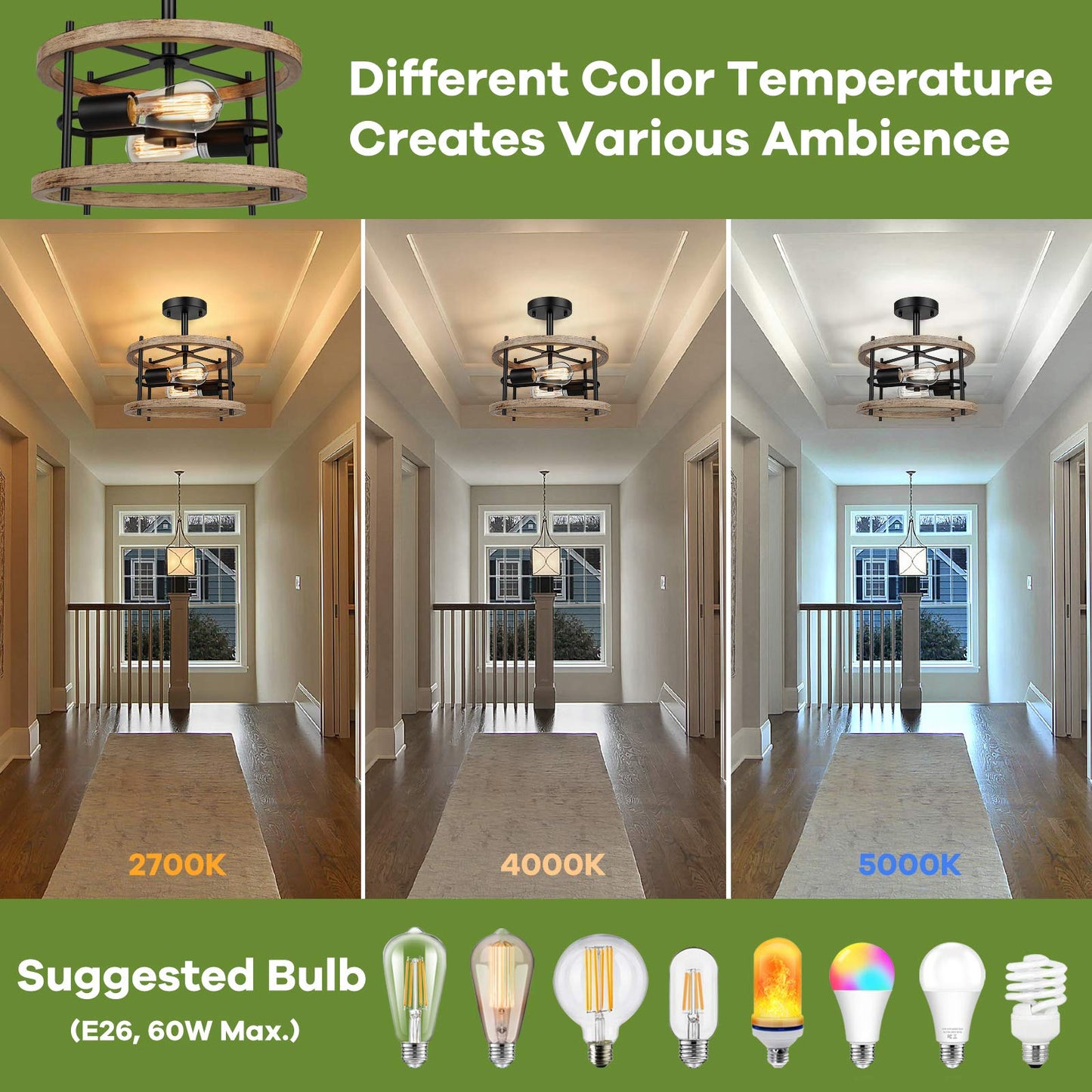 (Y)2 Lights Vintage Semi Recessed Ceiling Fixtures, Rustic Vintage Wooden Ceiling Lights Black Metal, Industrial Farmhouse Ceiling Lights For Hallway Entrance Bedroom Balcony Farmhouse Dining Room