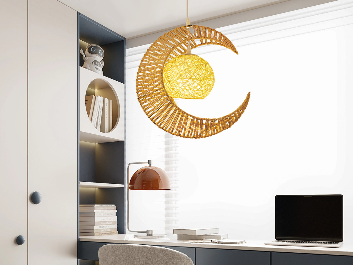 (Q)Vine Pendant Light Hand Woven Moon Shaped Pendant Light,Hemp Rope Lampshade Decorative Pendant Light,Suitable for Study Rooms,Bedrooms,Cafes