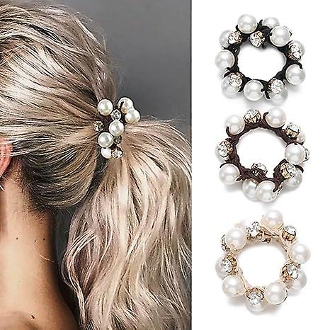 (Y)Hair Strap Black Elastic Hair Hoop Pearl Hair Strap Crystal Hair Rope Women and Girls Hair Accessories (3-Piece Set) Black, Coffee, Beige 5CM