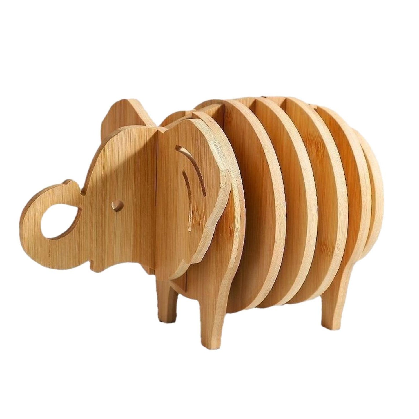 (Y)Elephant Shape Wooden Coasters Set Cup Mats Nonslip Creative Art Heat Insulation Cup Pads Drink Coasters for Apartment Office