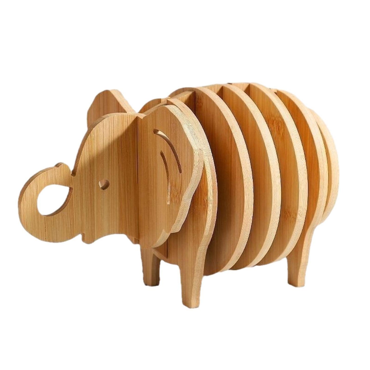 (Y)Elephant Shape Wooden Coasters Set Cup Mats Nonslip Creative Art Heat Insulation Cup Pads Drink Coasters for Apartment Office