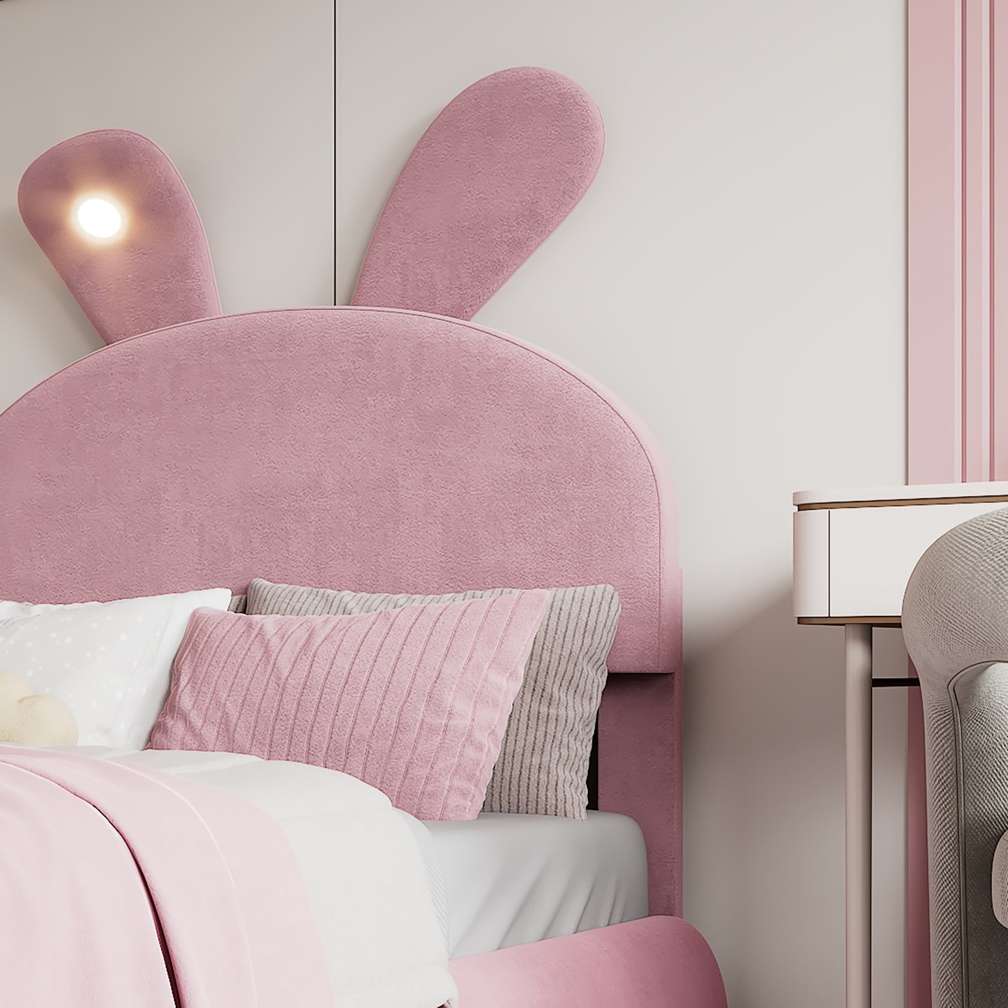 (Z)Upholstered bed Single bed Bunny Ears With Adjustable Brightness Warm-Coloured Light Strips With Two Storage Stools Children's Bed With Wooden Slats Velvet Pink 90x200CM