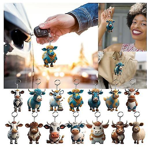 (Y)Highland Cow Keychain - 14pcs 3D Acrylic Cow Print Car Accessories, Farm Gifts for Women