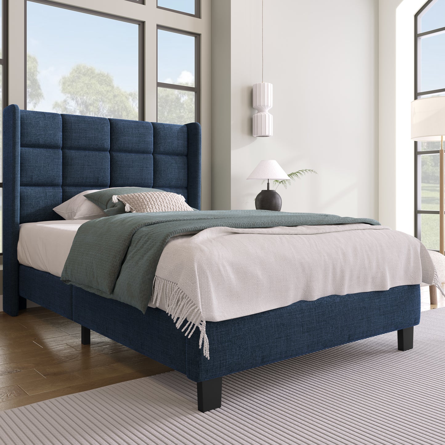 (Z)Simple style blue linen single bed frame with bed board, without mattress