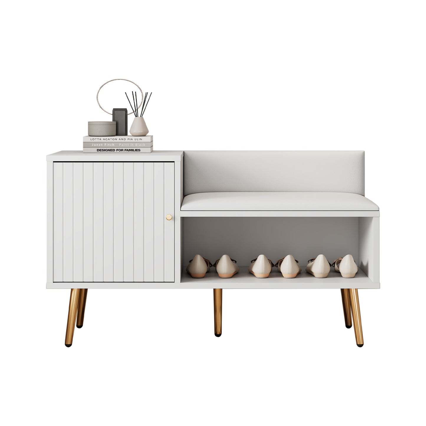 Modern Luxurious White Shoe Chest with Padded Bench and Ample Storage