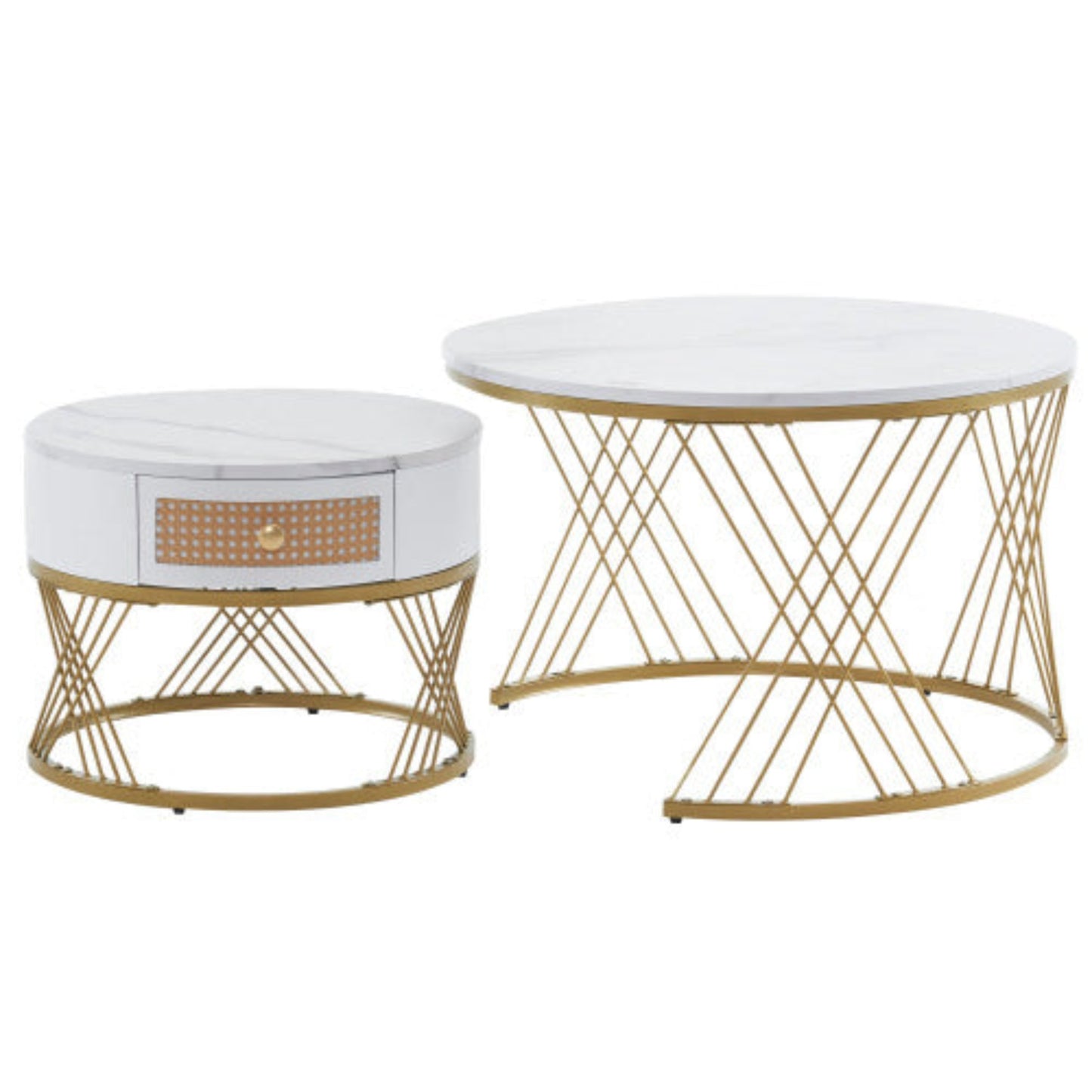 Elegant 2-Piece White Coffee Table Set- Marble Texture, Plastic Rattan Drawers, Gold Accents