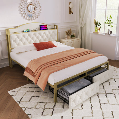 Light Beige Storage Double Bed-USB Type C Charging, Slatted Metal Frame