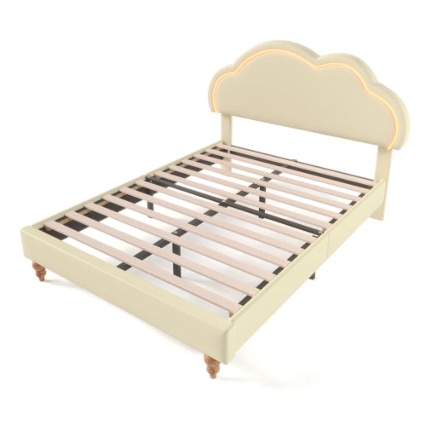 LED-lit Cream PU Double Bed, Upholstered Frame, Adjustable Cloud Headboard, Youth BedroomGuest Room Bed