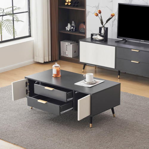 Modern Grey-White Coffee Table-2 Doors, 2 Drawers, Gold Accents, High-Quality Living Room Furniture