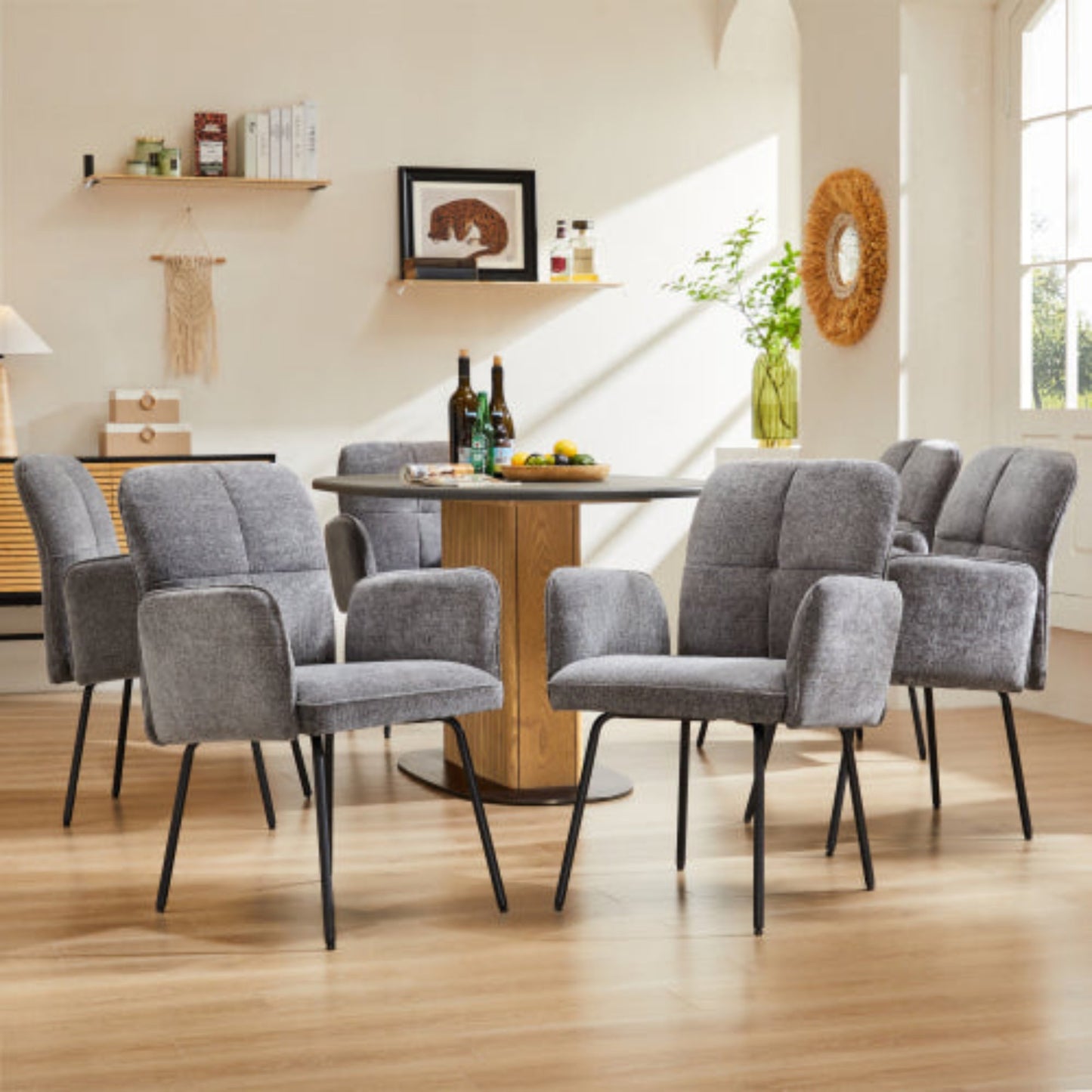 Grey Dining Chairs - Living Room Armchairs with Extra Large Cushions and Black Metal Legs - 6pcs