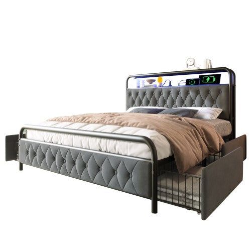 Modern Velvet Double Bed-USB Type C Charging, APP-Controlled LED, Metal Frame, 4 Drawers