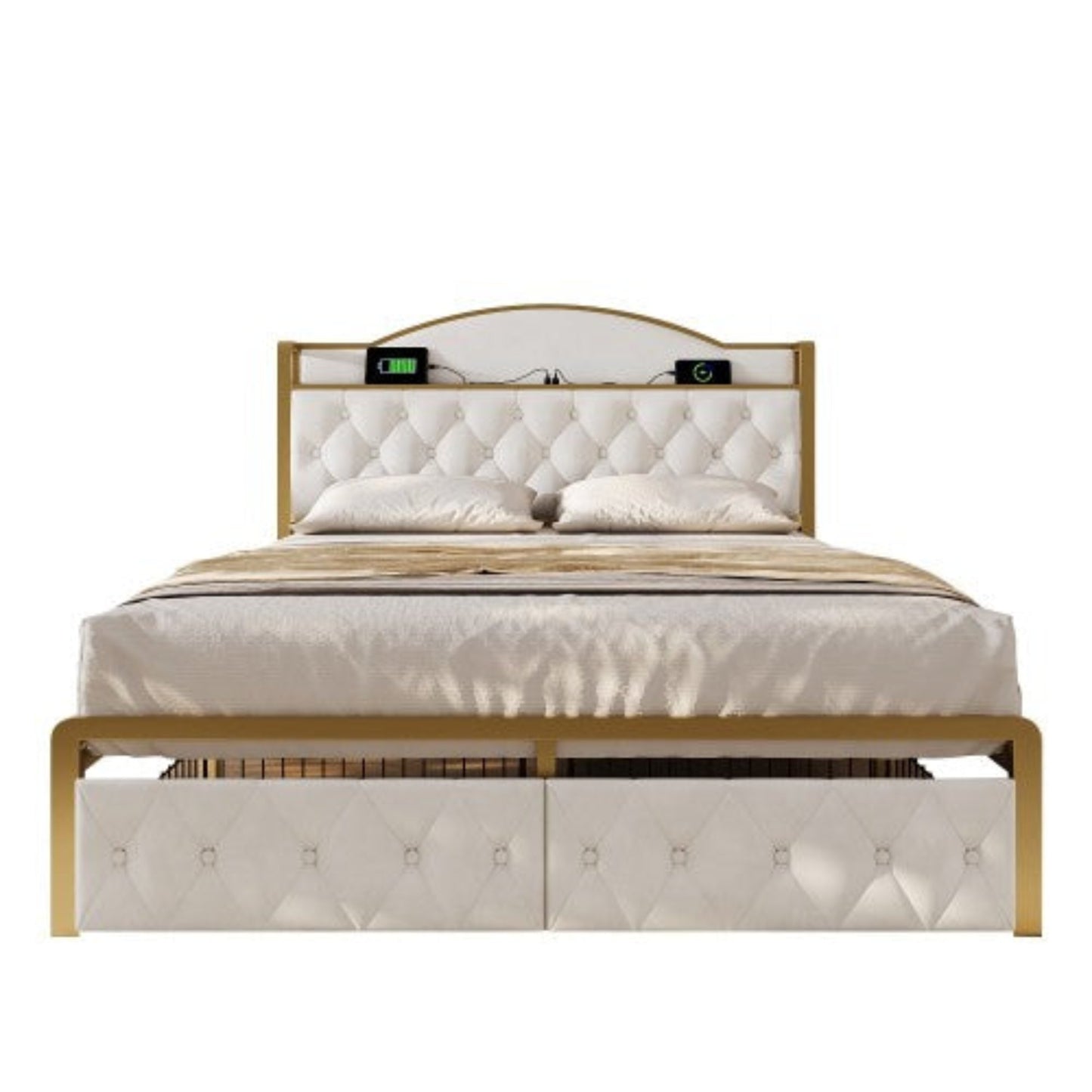 Light Beige Upholstered Double Bed-USB Type C Charging, Storage Drawers, Slatted Metal Frame