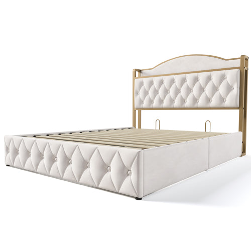 Light Beige Double Bed-USB Type C, Storage, Slatted Metal Frame-Mattress Not Included