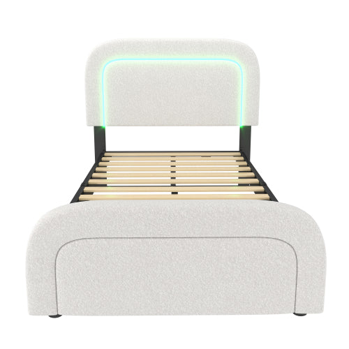 Sherp White Upholstered Bed Frame-USB-C, LED Lights, Adjustable Headboard, Wooden Slats