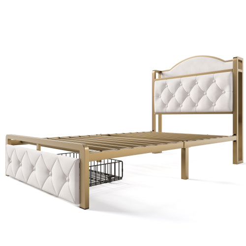 Light Beige Single Bed-USB Type C, Storage Drawers, Slatted Metal Frame -Mattress Not Included