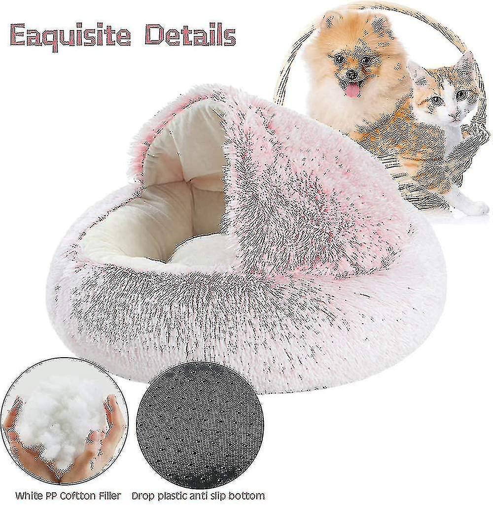 (Y)Fluffy Cat Bed, Round, Soft Plush, Den With Hood, Cat Bed, For The Winter, Warm, Sleeping Pillow, Non-slip, Machine Washable