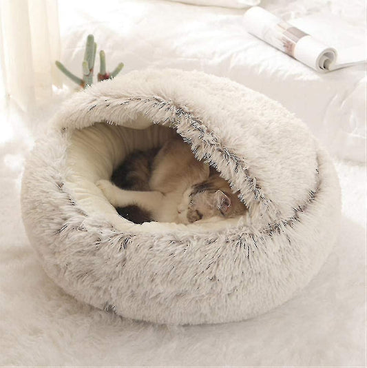 (Y)Fluffy Cat Bed, Round, Soft Plush, Den With Hood, Cat Bed, For The Winter, Warm, Sleeping Pillow, Non-slip, Machine Washable