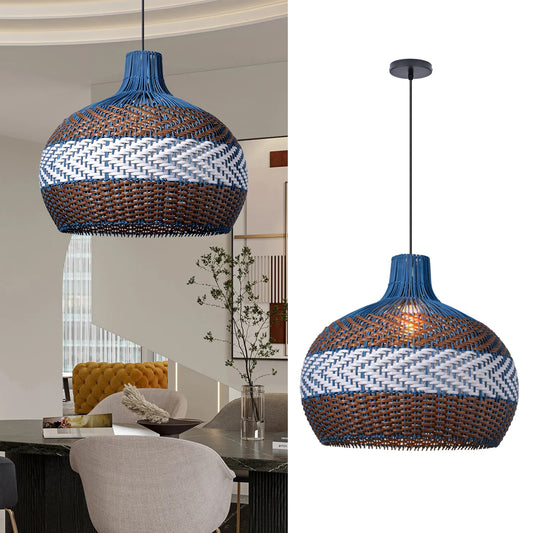 Hand Woven Rattan Art Pendant Light Blue And Brown Striped Hanging Ceiling Light Lampshade
