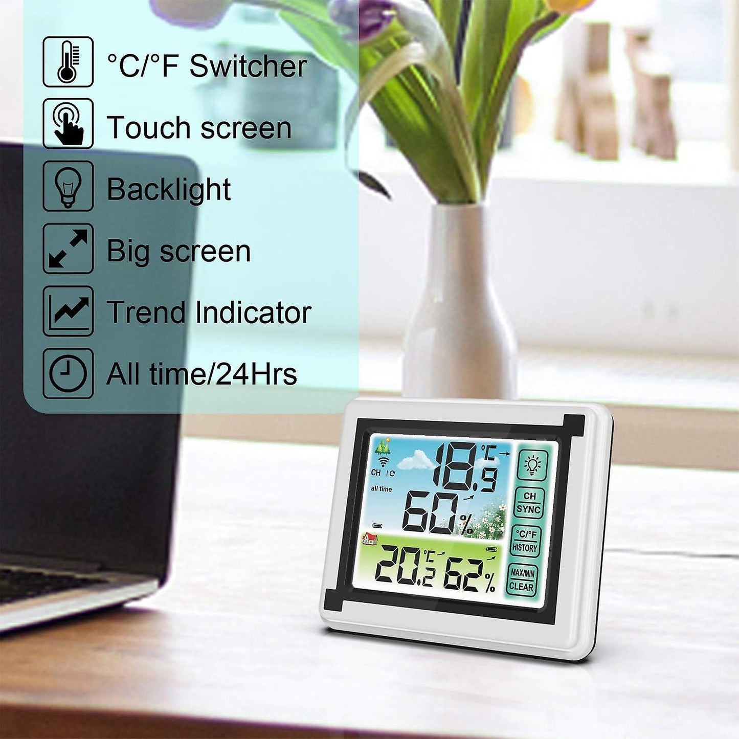 (Y)2024 New Wireless Weather Station with Indoor Outdoor Sensor Hygrometer Digital Thermometer with Large LCD Di