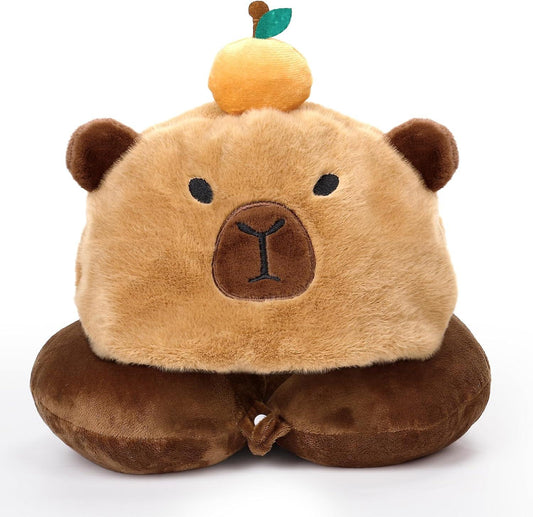 (Y)Capybara U-Shaped Travel Pillow with Hood,Neck Headrest Plush Pillow,Hooded Sleeping Supplies Neck Chin Support