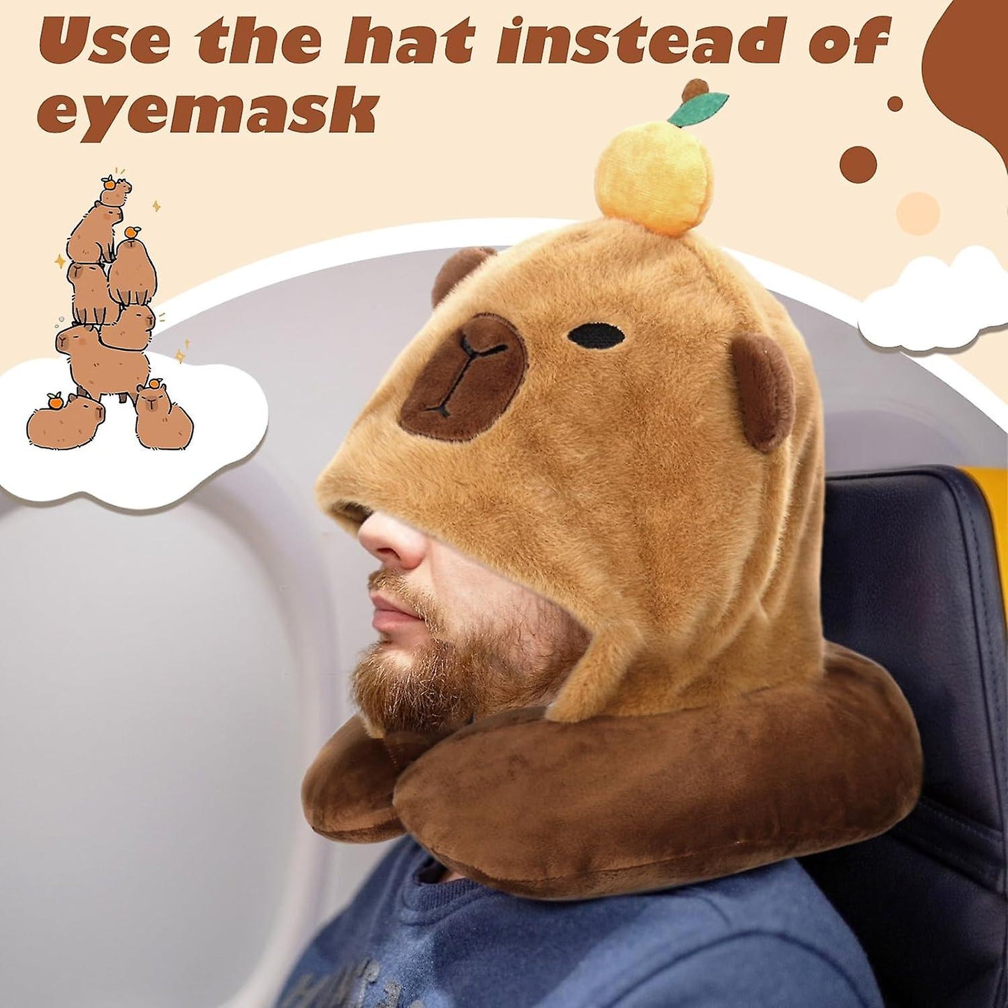 (Y)Capybara U-Shaped Travel Pillow with Hood,Neck Headrest Plush Pillow,Hooded Sleeping Supplies Neck Chin Support