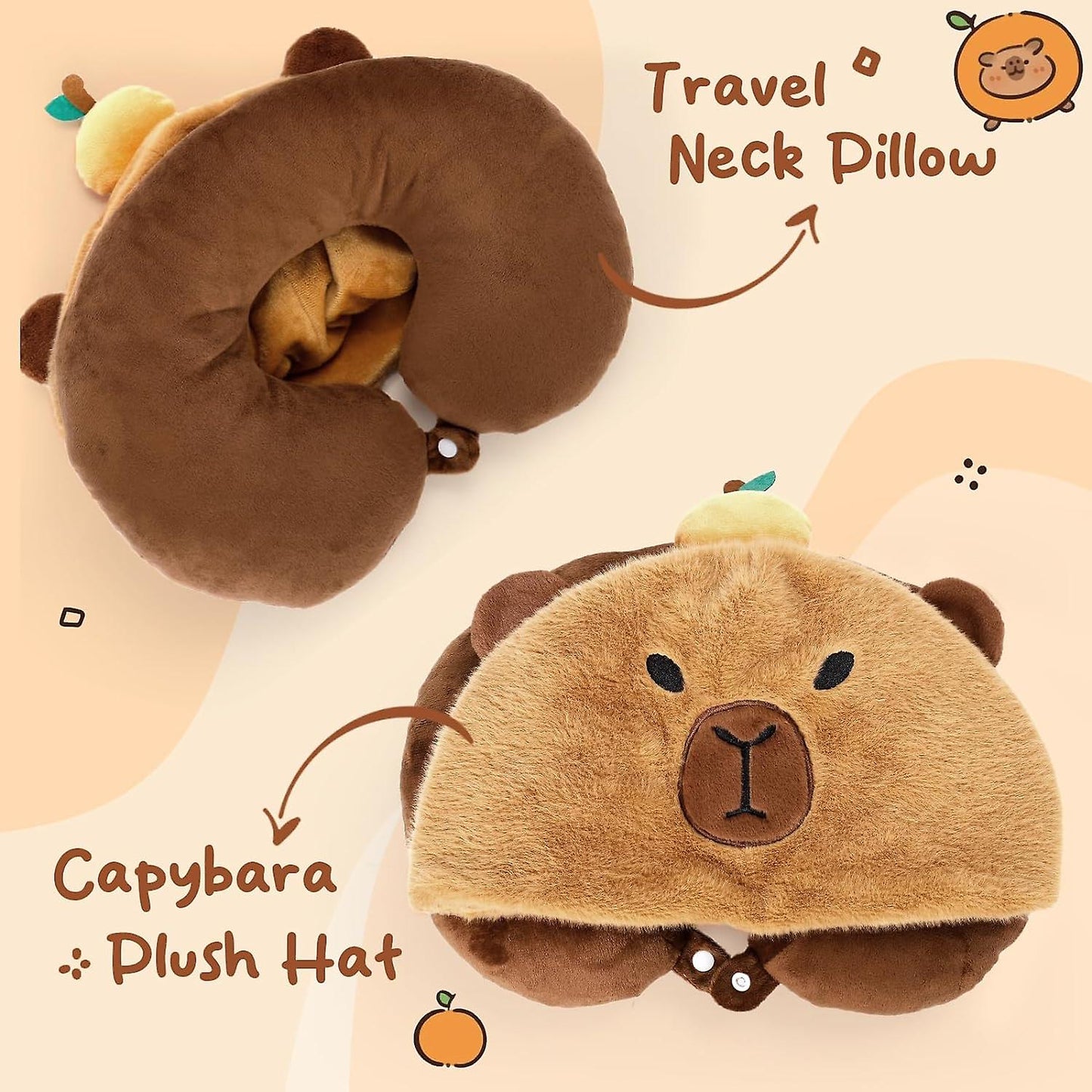 (Y)Capybara U-Shaped Travel Pillow with Hood,Neck Headrest Plush Pillow,Hooded Sleeping Supplies Neck Chin Support