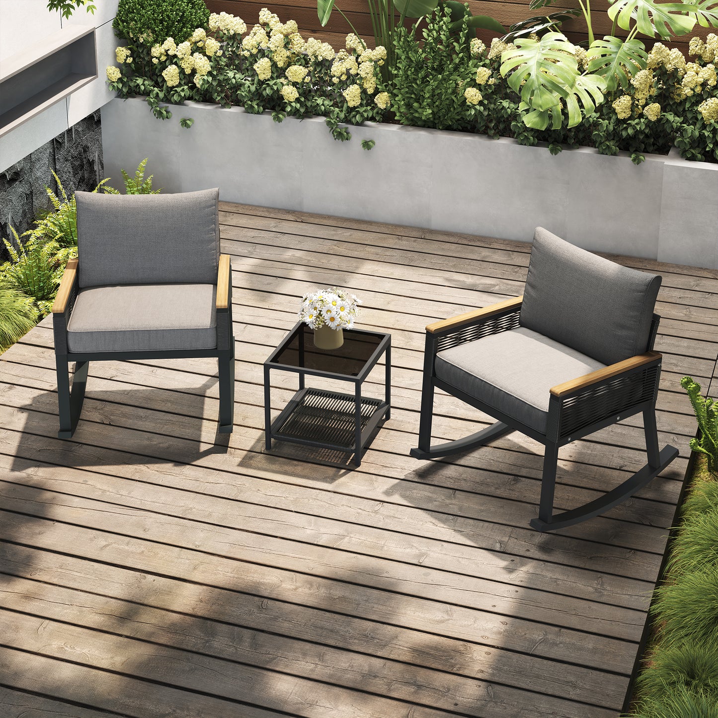 3-piece set, rope rocking chair set, glass coffee table with seat cushion and backrest, suitable for garden, terrace