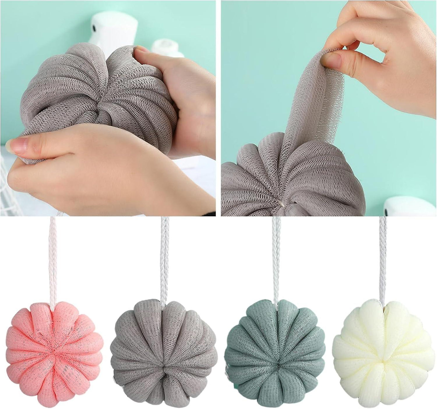 (Y)Shower Flower, 4pcs Loofah Shower Sponge For Men and Women, Exfoliating Body Shower Sponge with Hanging Lanyard