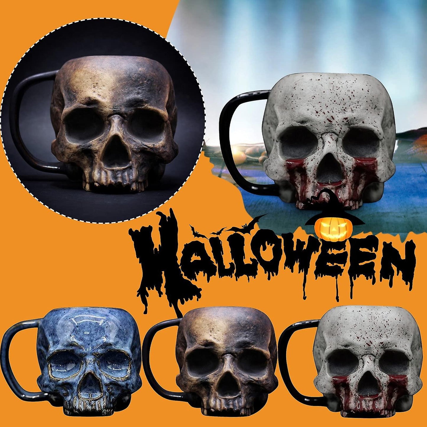 (Y)2024 New Skull Mug, Gothic Creepy Realistic Skull Mug, 3D Resin Skull Head Cup with Handle, Necromancer Skull