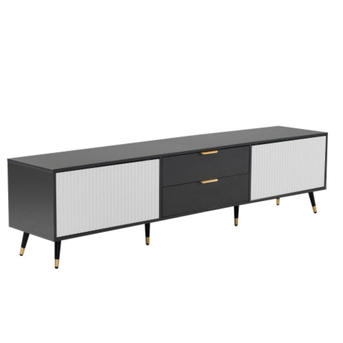 Elegant Grey-White TV Cabinet- 2 Drawers, 2 Doors, Cable Management, Modern Design