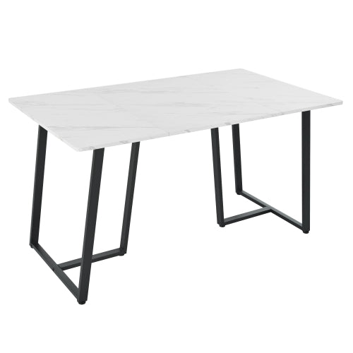 Modern Marble-Pattern Dining Table-Black Metal Frame, Adjustable Feet- Dining Living Rooms