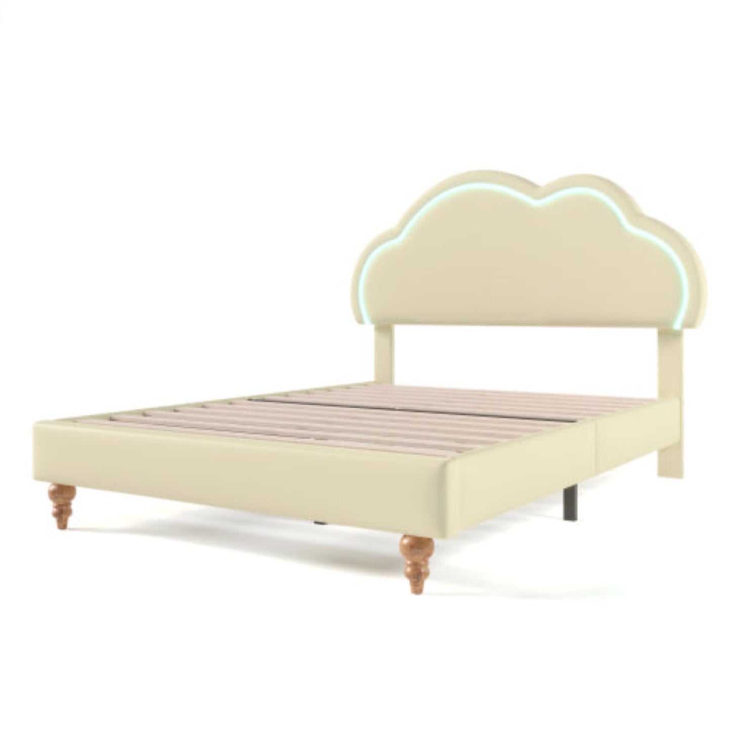 LED-lit Cream PU Double Bed, Upholstered Frame, Adjustable Cloud Headboard, Youth BedroomGuest Room Bed